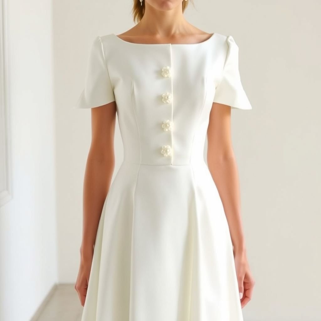 White dress for civil wedding Silhouette: Midi cut, flared from the waist, with a fluid and structured skirt in duchess satin or mikado for an elegant drape. • Top: • Short sleeves with subtle shoulder pads and a slight puffed shape for a romantic effect. • Front closure with a row of pearl buttons shaped like flowers, delicate and vintage. • Neckline: Slightly bateau or square, to frame the neck beautifully without being too open.
Design a luxurious white midi dress for a civil wedding, blending classic elegance with modern sophistication. The flared skirt, crafted from duchess satin, drapes beautifully, while the structured bodice features delicate short sleeves with subtle shoulder pads for a romantic touch. A vintage-inspired pearl-button front closure, shaped like flowers, enhances the regal aesthetic, complemented by a softly squared bateau neckline framing the wearer's face, exuding timeless charm in formal wear.