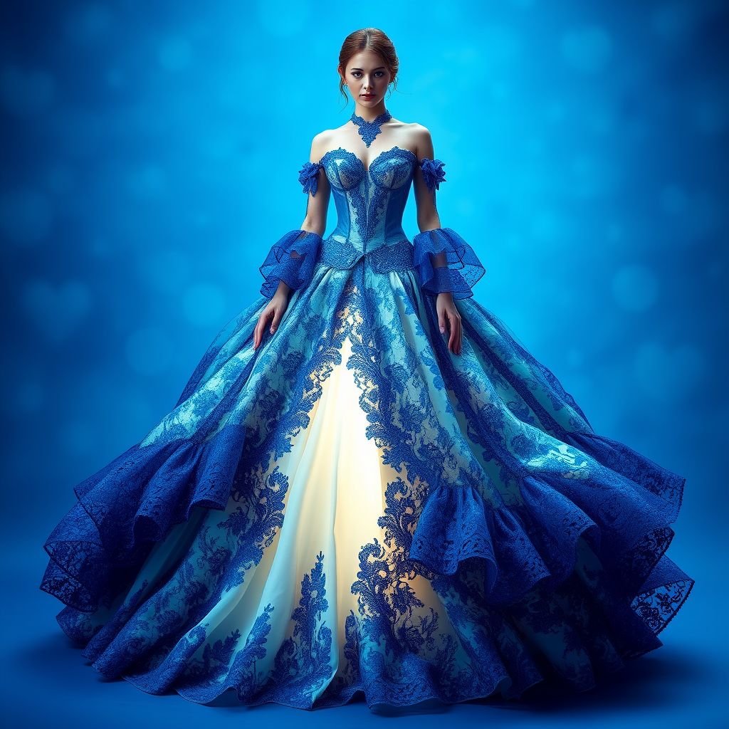 Historic fantasy ball gown with long through lace sleeves, an off the shoulder look, and a halter top neckline in sapphire colored with different dimensions of blue throughout. Has a long ornate skirt, extremely full and very flouncy With lots of more layers of lace and different colors blue. from the empire waist line, with a high low open (from mid thighs ) front design to a bright white under layer for the skirt
Exquisite historic fantasy ball gown, enchanting sapphire hues with iridescent blue tones. Off-the-shoulder silhouette, gracefully draping lace sleeves, halter neckline, showcasing elegance. Ornate, voluminous skirt cascades dramatically, layers of lace intertwining shades of blue. Empire waist accentuates form, high-low front reveal showcasing luminous white underskirt, captivating and ethereal, a timeless masterpiece.