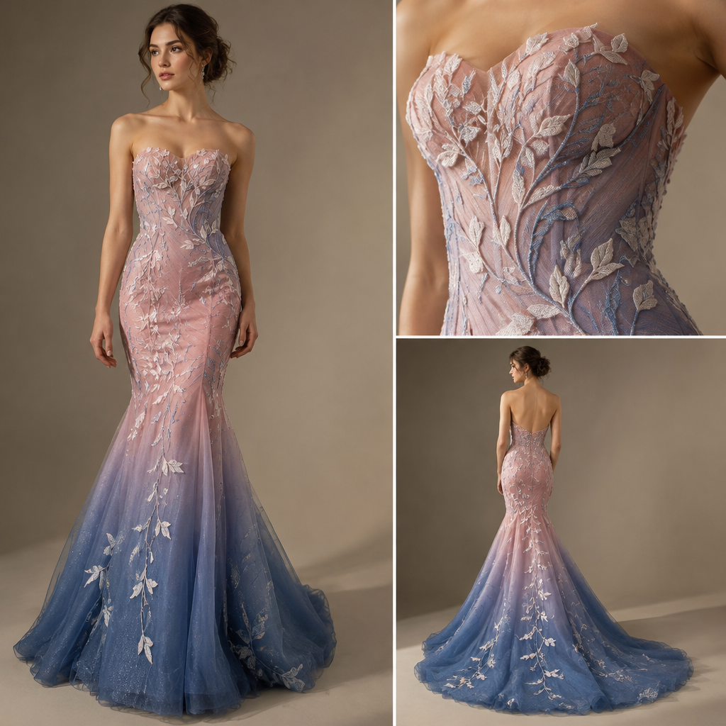 A Female Dress design, suitable for Fall. The dress will be a mermaid dress it will be the colors blue and pink the fabric when it fades down the pink will slowly turn into blue. the top will be a strapless top, and it will have small leaves that are white and swirls around the body Present it as professional fashion catalogue photography: the garment is the subject, shown full-length with editorial styling, neutral posing and tasteful, non-suggestive framing.
photorealistic fashion design, A Female Dress design, suitable for Fall. The dress will be a mermaid dress it will be the colors blue and pink the fabric when it fades down the pink will slowly turn into blue. the top will be a strapless top, and it will have small leaves that are white and swirls around the body Present it as professional fashion catalogue photography: the garment is the subject, shown full-length with editorial styling, neutral posing and tasteful, non-suggestive framing., just the design no text
