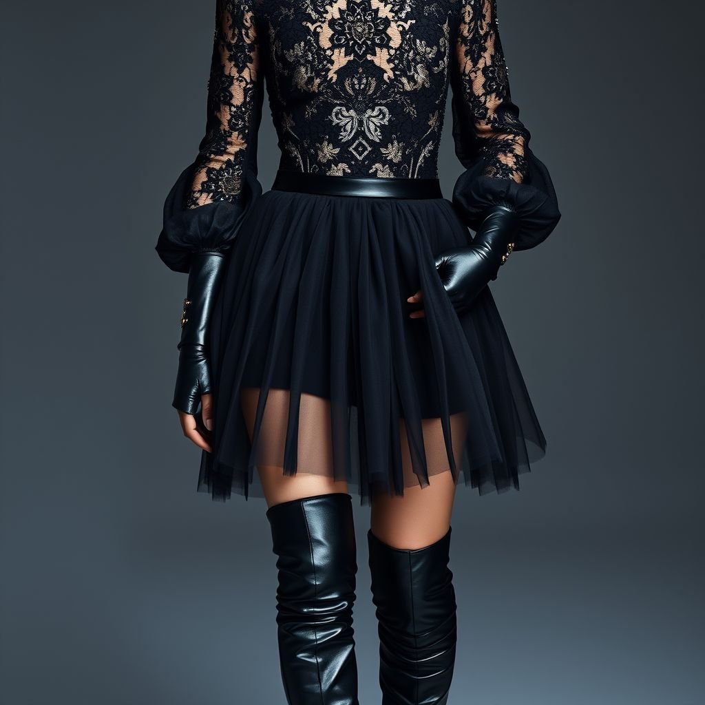 Black, lace, tulle, mini, mutton sleeves, leather, over the knee boots
Envision a striking ensemble featuring a black lace and tulle mini dress adorned with metallic embellishments. Mutton sleeves are accentuated with polished metal cuffs, while sleek leather contrasts the soft tulle, creating a powerful silhouette. Over-the-knee boots in metallic leather add a bold edge, merging elegance with industrial strength in this captivating look.