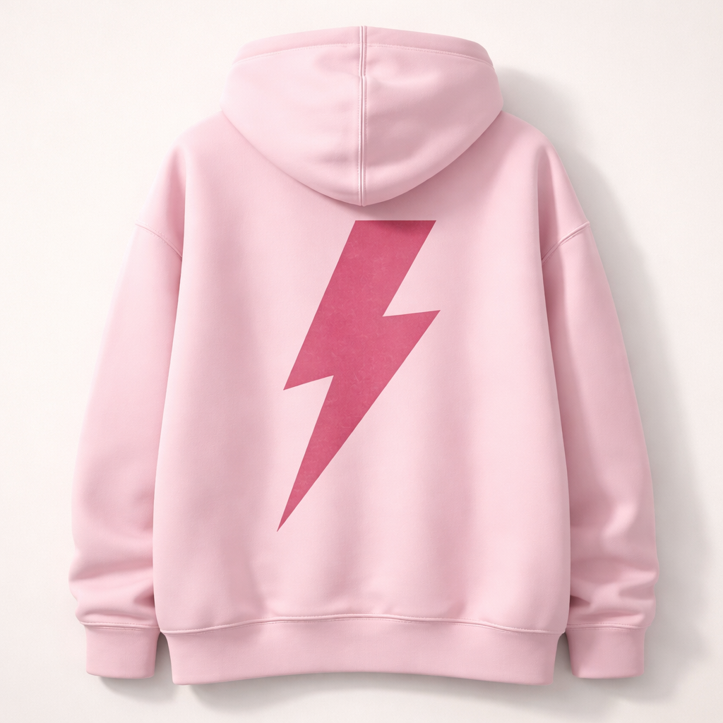 A hoodie that is light pink and with a dark pink lightning bolt on the back
A hoodie that is light pink and with a dark pink lightning bolt on the back