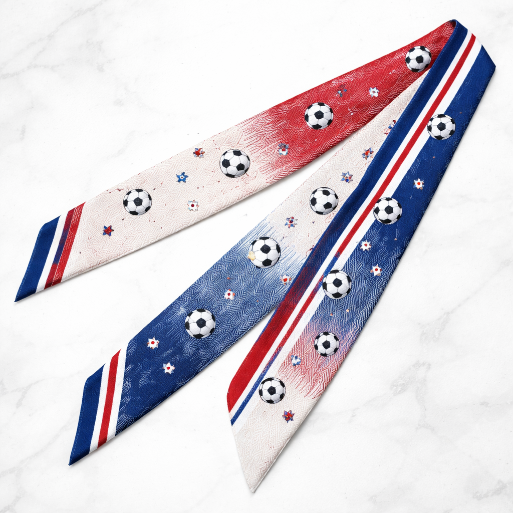 Design a 5 x 86 cm silk twilly that will be wrapped around the handle on a handbag.
It need to have a ver discrete herringbone pattern with small soccer balls throughout. Try using red white and blue. Make it feminine
Design a 5 x 86 cm silk twilly that will be wrapped around the handle on a handbag.
It need to have a ver discrete herringbone pattern with small soccer balls throughout. Try using red white and blue. Make it feminine , classic style