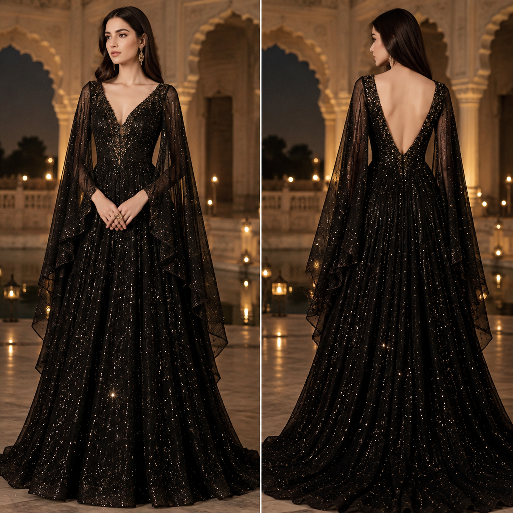 photorealistic fashion design, A Female Dress design, suitable for Fall, in Elegant style. dress with flowy long asymmetrical sleeves , glittery fabric which looks like stars are shining v neck and deep v neck on the back and gown should look like long touching ground and even more black colour and straight hair with slitthoes heels. India fashion aesthetics. Present it as professional fashion catalogue photography: the garment is the subject, shown full-length with editorial styling, neutral posing and tasteful, non-suggestive framing., elegant style, just the design no text. Refinement: don't add any slit and make girl look too slim like 24 to 26 inch waist and make girl skin fair
photorealistic fashion design, photorealistic fashion design, A Female Dress design, suitable for Fall, in Elegant style. dress with flowy long asymmetrical sleeves , glittery fabric which looks like stars are shining v neck and deep v neck on the back and gown should look like long touching ground and even more black colour and straight hair with slitthoes heels. India fashion aesthetics. Present it as professional fashion catalogue photography: the garment is the subject, shown full-length with editorial styling, neutral posing and tasteful, non-suggestive framing., elegant style, just the design no text. Refinement: don't add any slit and make girl look too slim like 24 to 26 inch waist and make girl skin fair , just the design no text