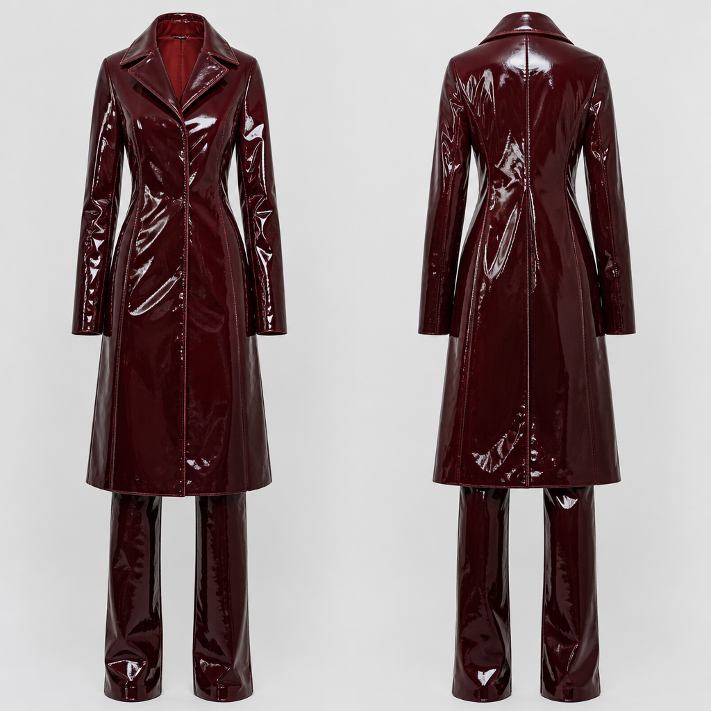 Patent leather coat / matching pants burgundy
photorealistic fashion design, Patent leather coat / matching pants burgundy , luxury style, just the design no text, show front and back