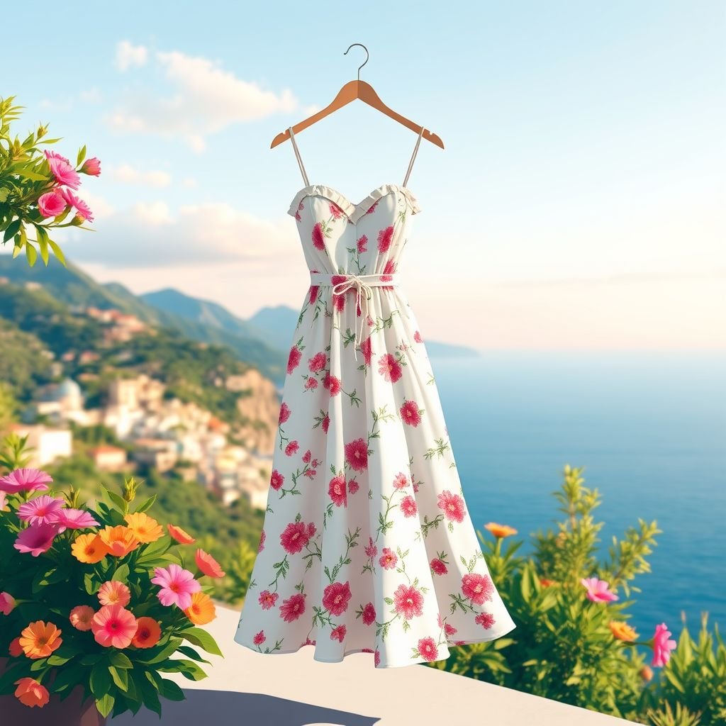 Summer dress simple for resort wear
Design a chic Italian summer dress, embodying the essence of la dolce vita. Picture a lightweight linen fabric adorned with delicate florals, featuring a fitted bodice and flowing A-line skirt. Accentuate with subtle ruffles and a cinched waist, complemented by vibrant colors reminiscent of a sun-kissed Amalfi coast sunset.