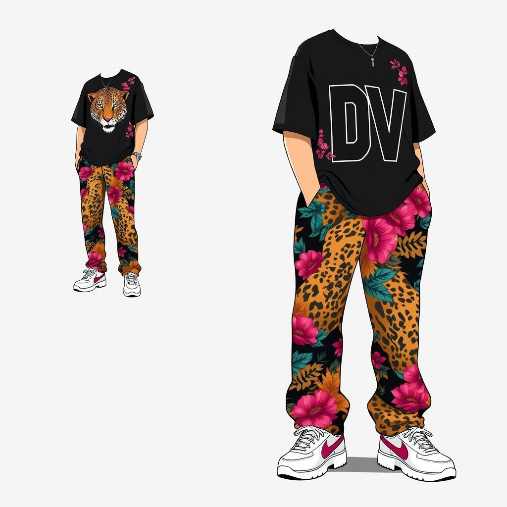 Men Digital Printed Leopard Floral Pattern Loose Fit Straight Leg Men's Pants, with DV on it
Design a unique streetwear ensemble featuring loose-fit straight-leg men's pants, adorned with a vibrant digital print that fuses a fierce leopard motif with bold floral accents. Integrate the initials "DV" in an oversized graphic style. Pair with an oversized graphic tee and edgy sneakers for an urban-inspired look.