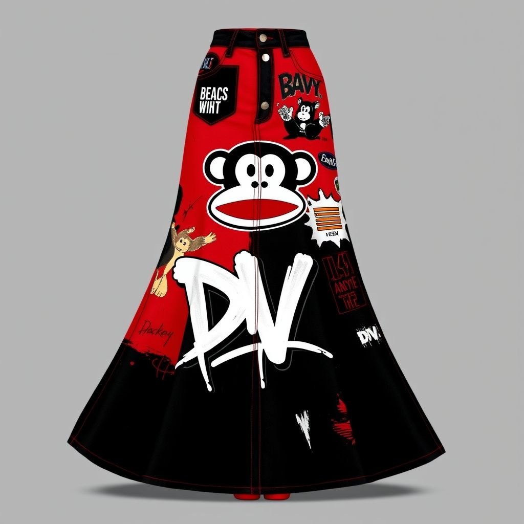 Do a collab with my brand “Da’Vine” or “DV” and “Paul frank” with the monkey symbol. Create a Maxi denim skirt and create a design for the collab on it! With “DV” somewhere on it. Make it red and black
Design a striking maxi denim skirt in bold red and black for the “Da’Vine” and Paul Frank collaboration. Integrate the iconic monkey symbol prominently on the skirt’s surface, alongside graffiti-style “DV” lettering. Add distressed elements and street-inspired patches, merging urban flair with playful aesthetics to create a unique streetwear statement.
