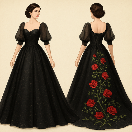 Glittery wedding dress,black color, 1/3 sleeves puffy chiffon sleeves. With red roses and green vines embroidered cascading down the back of the dress flowing along the train. Corset top and lace up back.