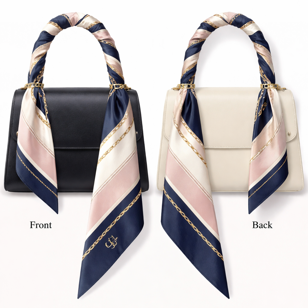 Design a silk scarf that is 5x 86cm to be a wrapped on a handle of a handbag that is Jackie Kennedy inspired simple and tailored
Design a silk scarf that is 5x 86cm to be a wrapped on a handle of a handbag that is Jackie Kennedy inspired simple and tailored , classic style, show front and back