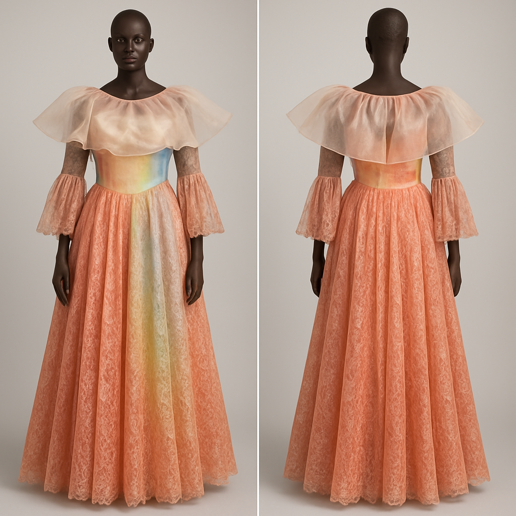 I want an organza fabric at the top of a colorful princess dart gown and lace fabric with pleats at the sleeves and at around the knee all the way to the floor on a real mannequin or a dark skin human.
I want an organza fabric at the top of a colorful princess dart gown and lace fabric with pleats at the sleeves and at around the knee all the way to the floor on a real mannequin or a dark skin human.
, show front and back