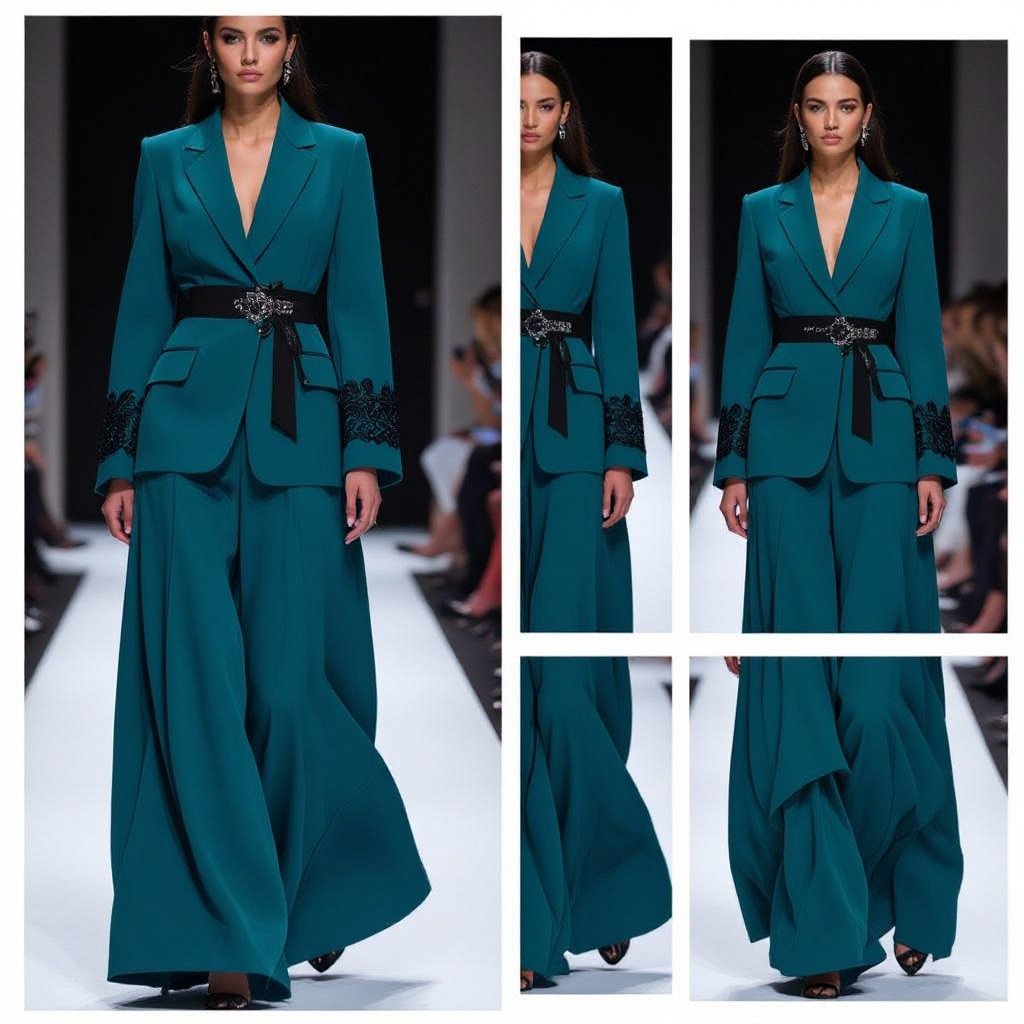 Formal Blazer-Style Abaya Concept (Refined): • Cut: Straight cut with structured shoulders to give a formal and elegant presence. • Main Color: Transformative Teal (a luxurious shade between blue and green) that reflects boldness and modern elegance. • Details: Subtle black accents on the sleeves and edges to highlight the depth of the main color. • French Lace: Integrated directly into the fabric (not as a separate attachment). It appears only at the waistline, starting softly from under the arm down to the waist, creating a delicate, flowing effect that highlights a refined, feminine waistline without overpowering the overall design. • Additional Touches: A thin beige or silver line along the edges to create an elegant contrast. • Fabric: Heavy crepe or matte satin, with lace subtly blended into the fabric at the waist for a seamless and graceful look. • Sleeves: Straight cut with clean finishes, allowing the waist detailing to remain the main focal point of the lace accent.
Haute Couture fashion: Formal Blazer-Style Abaya Concept: Straight cut, structured shoulders. Teal crepe. Black accents on sleeves and edges. French lace woven into the waist, flowing softly. Thin silver line details. Plain sleeves.