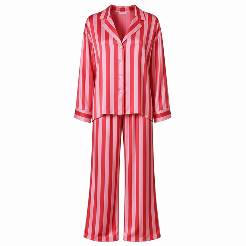 Make the pajama set striped, with alternating light pink and red stripes. Keep the same design and fit.
edit the attached fashion design with these instructions: Make the pajama set striped, with alternating light pink and red stripes. Keep the same design and fit.. keep it photorealistic, just the design no text