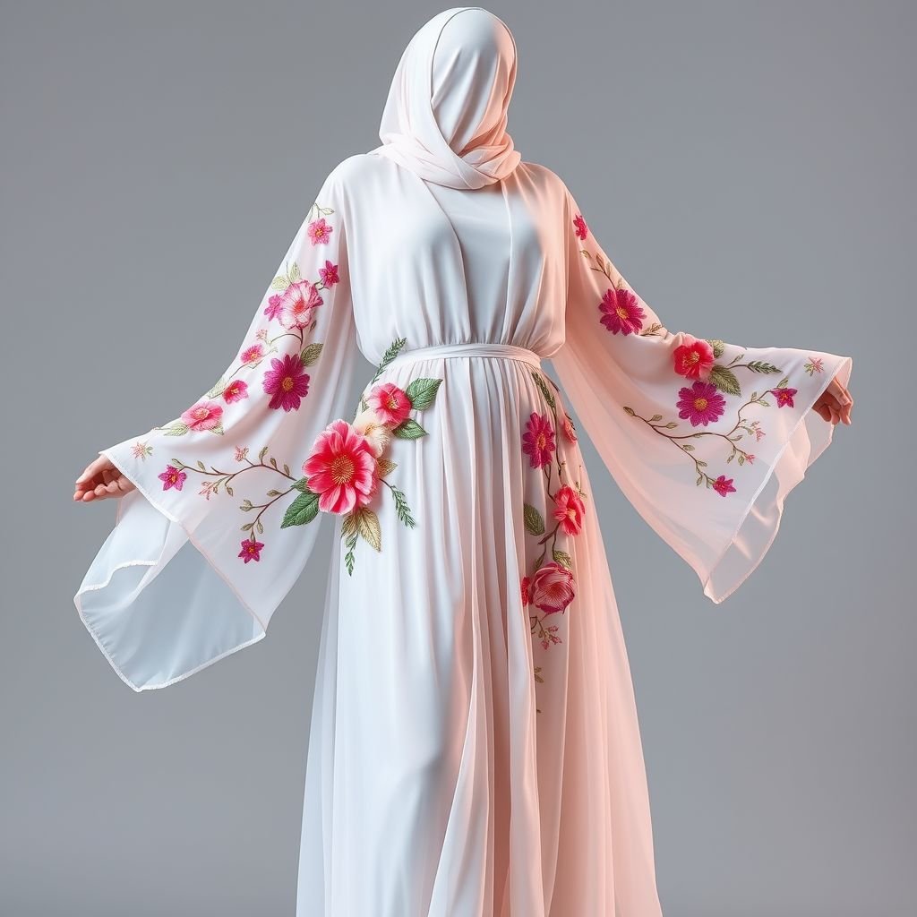 An opened abaya with a floral empoydary appliqué on the sleeves and at the left waist and right movement
Envision an open abaya crafted from flowing chiffon, accentuating elegance. It features intricately embroidered floral appliqué cascading gracefully along the sleeves, with vibrant colors blending into a soft pastel palette. The left waist showcases a dramatic floral accent enhancing movement, creating a mesmerizing silhouette that dances with every step, exuding a modern ethereal charm.