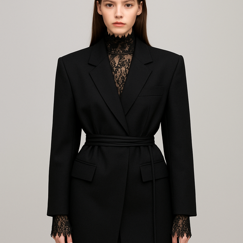 Oversized blazer boxy comes to mid thigh really cinched waist with a thin belt that wraps around three times and hangs down lapel collars, sleeves comes to wrist, lace garment underneath with high polo neck jagged shape like a crown lace sleeves come down above the fingers with matching jagged edge
Make blazer black slighter longer in length and slight bigger shoulder pads