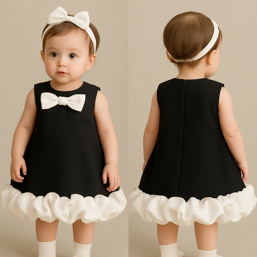 一歳の女の子着用画
ジャケット生地の黒のノンスリーブワンピース、丈は膝上
肩の部分、襟の部分が隠れるように白の大きなリボン
胸のリボンは、ループ部分だけの“結び目風リボン”にしてください。タレ(垂れ下がる細長い部分)は一切つけないでください。
裾のデザインは、段々スカートではありません。
スカートは一段だけのAラインで、裾に“雲のようにふくらむ白色の立体的なフリル”を密集して付けてください。
フリルは平らに広がらず、くるんと丸くカールさせて、花びらのような立体感を出してください。
裾全体がモコモコとふくらむバルーンシルエットになるように。
背中に装飾はなし
頭には白のカチューシャ
カチューシャにはちょっとした黒い装飾
一歳の女の子着用画
ジャケット生地の黒のノンスリーブワンピース、丈は膝上
肩の部分、襟の部分が隠れるように白の大きなリボン
胸のリボンは、ループ部分だけの“結び目風リボン”にしてください。タレ(垂れ下がる細長い部分)は一切つけないでください。
裾のデザインは、段々スカートではありません。
スカートは一段だけのAラインで、裾に“雲のようにふくらむ白色の立体的なフリル”を密集して付けてください。
フリルは平らに広がらず、くるんと丸くカールさせて、花びらのような立体感を出してください。
裾全体がモコモコとふくらむバルーンシルエットになるように。
背中に装飾はなし
頭には白のカチューシャ
カチューシャにはちょっとした黒い装飾, show front and back