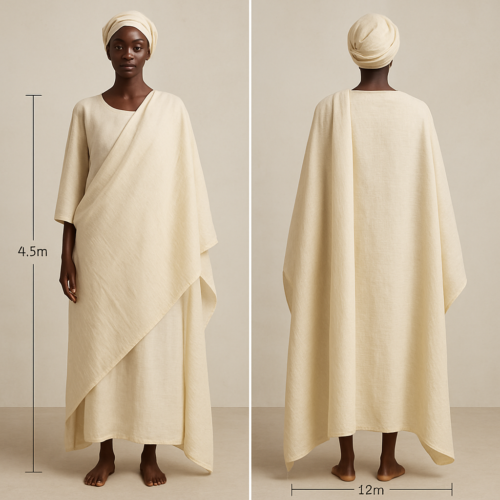 sudanese toub with dimension of 4.5 m and 1.2 m we wrap it in top of a dress and it generally a rectangular with the given dimension
sudanese toub with dimension of 4.5 m and 1.2 m we wrap it in top of a dress and it generally a rectangular with the given dimension, show front and back