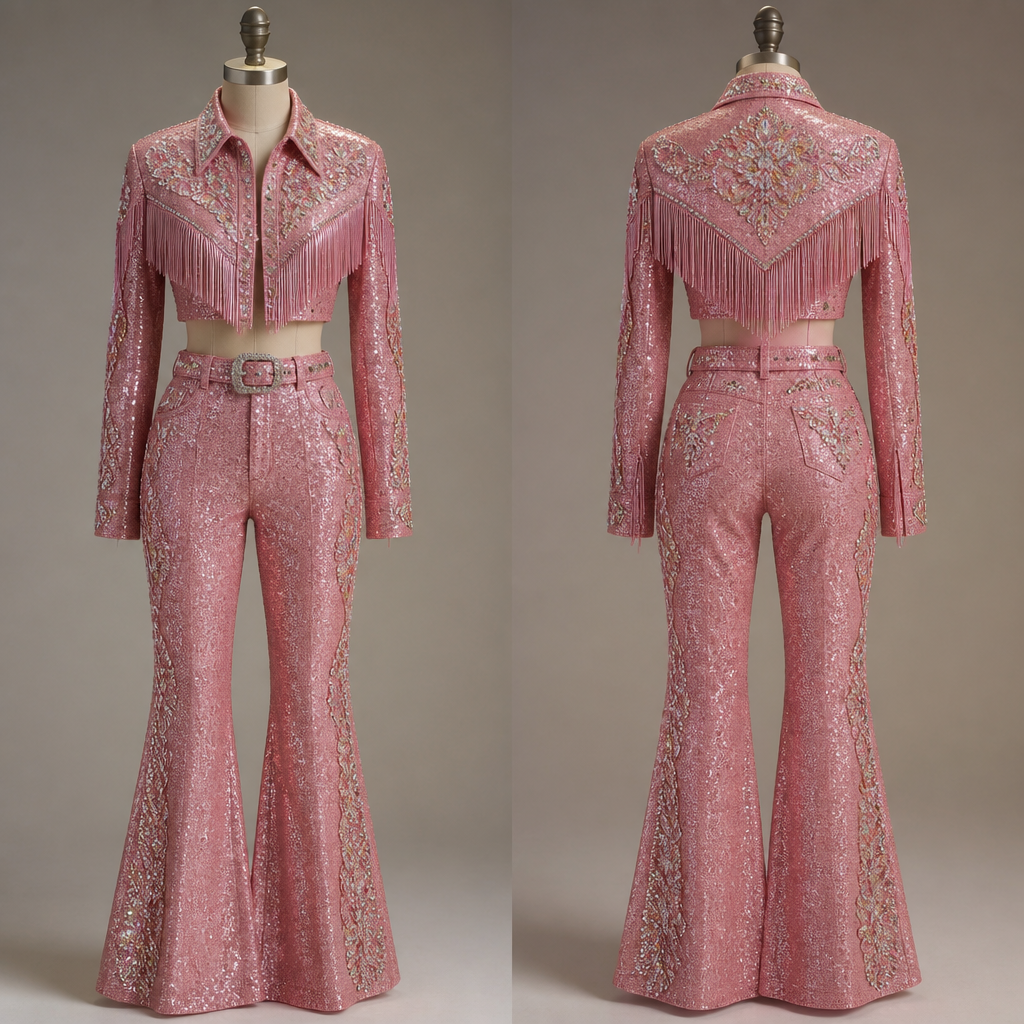 Pink with a ton of glitter
photorealistic fashion design, Pink with a ton of glitter , western style, just the design no text, show front and back