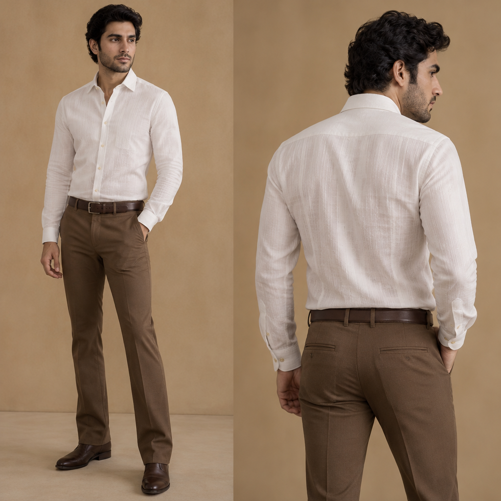 A Male Top design, suitable for Fall. a fully fitted boot cut with white full sleve shirts fitted. India fashion aesthetics. Present it as professional fashion catalogue photography: the garment is the subject, shown full-length with editorial styling, neutral posing and tasteful, non-suggestive framing.
photorealistic fashion design, A Male Top design, suitable for Fall. a fully fitted boot cut with white full sleve shirts fitted. India fashion aesthetics. Present it as professional fashion catalogue photography: the garment is the subject, shown full-length with editorial styling, neutral posing and tasteful, non-suggestive framing., just the design no text