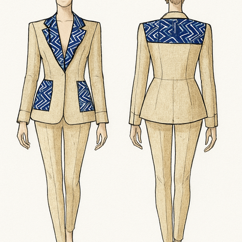 Front and back fashion illustration of a modern African blazer designed for a free-size fit, combining natural linen fabric with bold Adire print panels. Elegant, structured shoulders, fitted at waist with subtle peplum shaping, long sleeves with cuff details, and traditional-inspired geometric Adire patterns on lapels and back yoke. Include texture detail for linen and hand-drawn Adire motifs. Pose the figure in classic fashion sketch style on a neutral croquis, clean lines, and colored texture rendering. Background white, front and back views side by side.