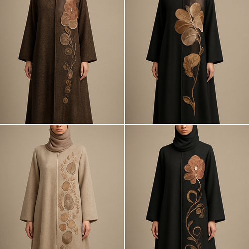 Create a modest abaya that's the first of its kind, featuring a unique stone design that exudes a classy and sophisticated vibe. I'd like four designs, each showcasing different styles and fabrics.Incorporate high-end, unique chic stone designs to make them truly special. And add little cute touch of sophisticated stone designs. Add huge flower and unique designs.