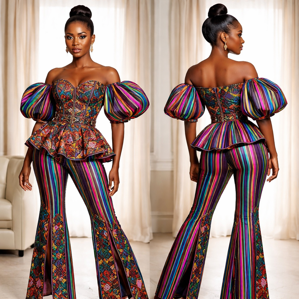 A one of a kind top and pant using coloful aso oke with a beautiful Ankara fabric that will have an elegant and sophisticated classic look
A one of a kind top and pant using coloful aso oke with a beautiful Ankara fabric that will have an elegant and sophisticated classic look, retro style, show front and back