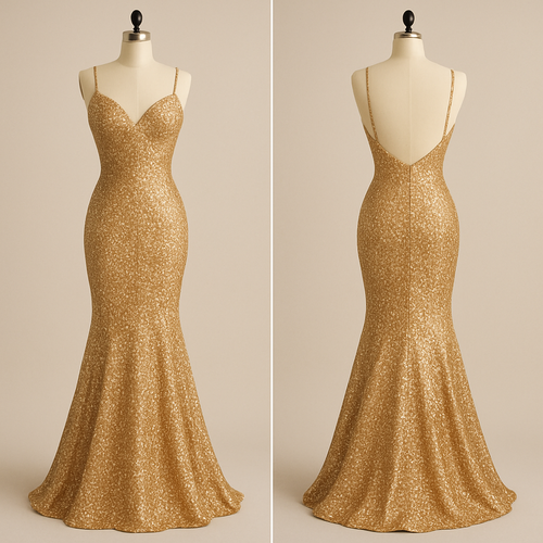 On a mannequin mermaid, silhouette style sparkly, tiny bits of gold
  
