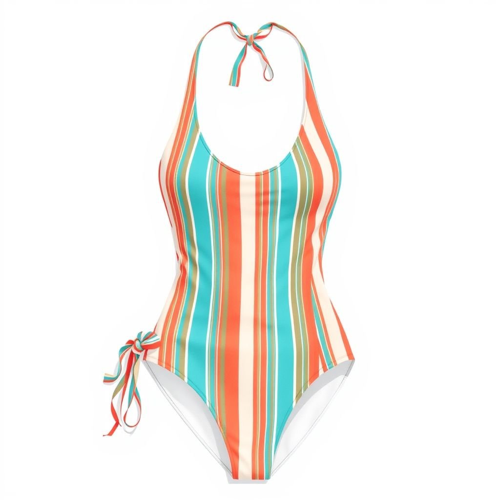 One piece swimwear with thin stripes - inspired by Ralph Lauren
Design a vibrant one-piece swimwear featuring thin, vertical stripes in ocean-inspired colors like turquoise, coral, and sandy beige. Accentuate the silhouette with a flattering scoop neck and low back. Incorporate playful detailing, such as a removable sarong wrap and removable halter straps, reflecting the effortless elegance of Ralph Lauren beach style.