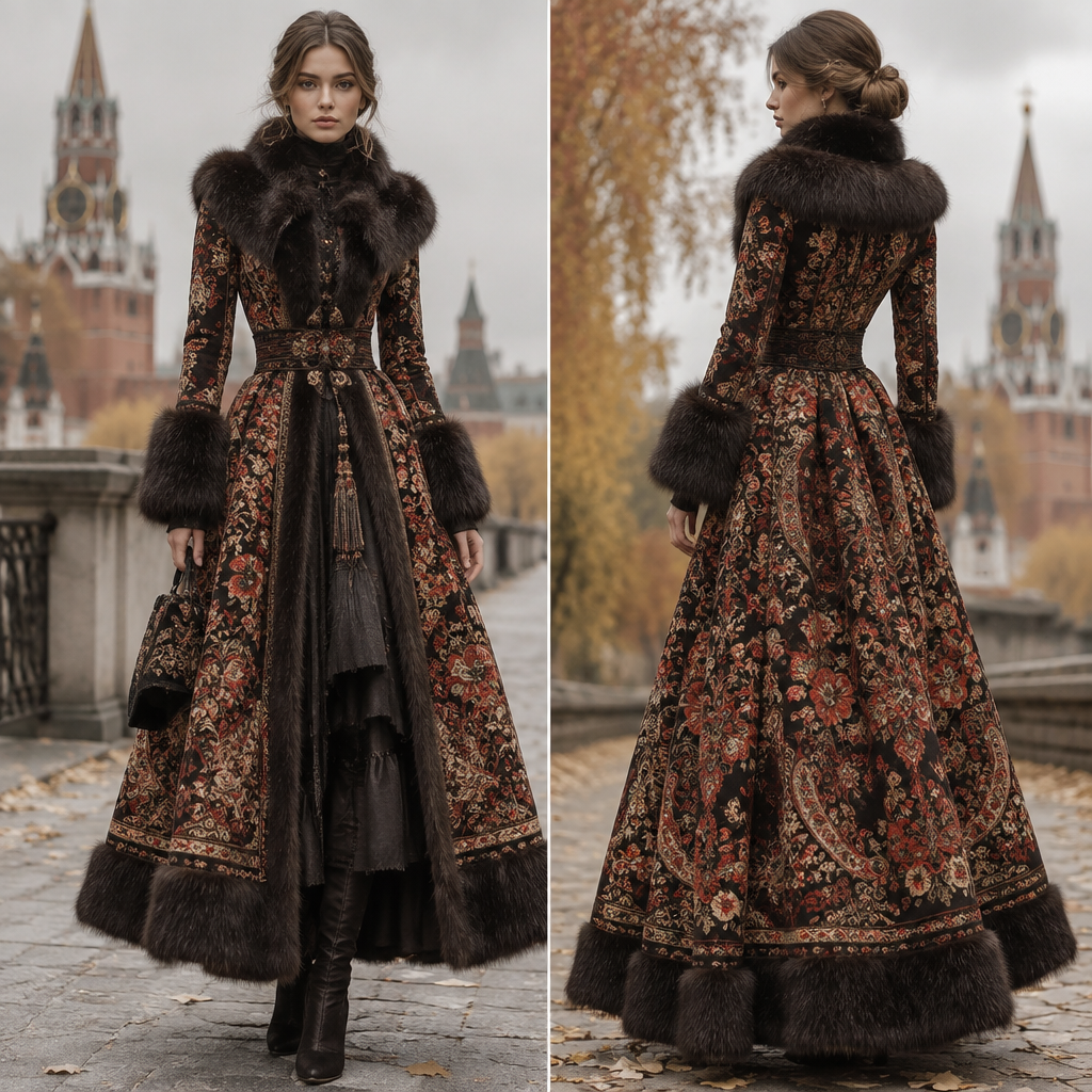 A Female Dress design, suitable for Fall. Consider Russian fashion — fur and layering traditions, bold patterns, mix of European elegance and Slavic folk motifs. Current season is Autumn in Russia. Present it as professional fashion catalogue photography: the garment is the subject, shown full-length with editorial styling, neutral posing and tasteful, non-suggestive framing.
photorealistic fashion design, A Female Dress design, suitable for Fall. Consider Russian fashion — fur and layering traditions, bold patterns, mix of European elegance and Slavic folk motifs. Current season is Autumn in Russia. Present it as professional fashion catalogue photography: the garment is the subject, shown full-length with editorial styling, neutral posing and tasteful, non-suggestive framing., just the design no text