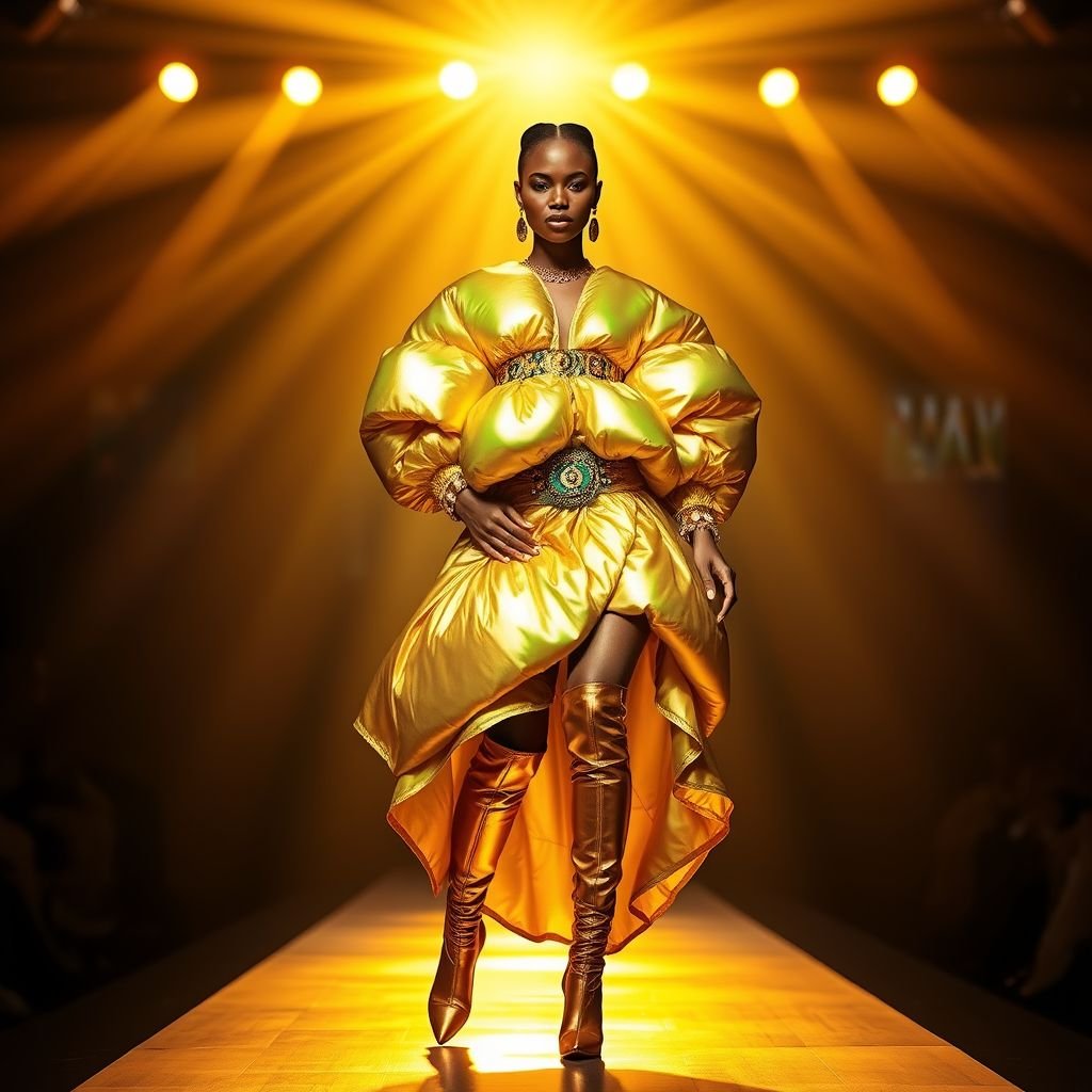 Beyoncé dance outfit for a life performance in Africa with puffer dress
Radiant, vibrant hues of gold and emerald green, embodying African heritage. Oversized puffer dress, dramatic silhouette, iridescent fabric reflecting stage lights. Layered, asymmetrical design, flowing hemline. Statement belt, adorned with intricate beadwork, celebrating local artisans. Sleek, thigh-high boots, metallic shine. Bold accessories, oversized earrings and stacked bracelets, exuding confidence and power.