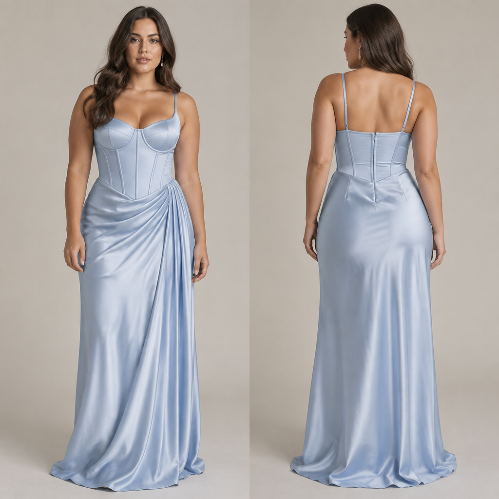 A Female fashion design, shown on a model with a curvy figure. corset top, long silky skirt. light blue color. New Zealand fashion aesthetics. Present it as professional fashion catalogue photography: the garment is the subject, shown full-length with editorial styling, neutral posing and tasteful, non-suggestive framing.
photorealistic fashion design, A Female fashion design, shown on a model with a curvy figure. corset top, long silky skirt. light blue color. New Zealand fashion aesthetics. Present it as professional fashion catalogue photography: the garment is the subject, shown full-length with editorial styling, neutral posing and tasteful, non-suggestive framing., just the design no text, show front and back
