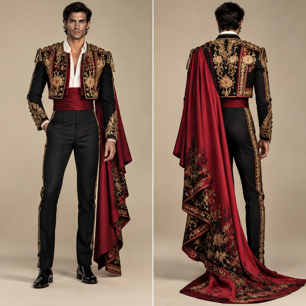 Men’s couture inspired by a traditional dress of Spain. Also appropriate for an event titled Nations in Vogue, Global Heritage meets Haute Couture
photorealistic fashion design, Men’s couture inspired by a traditional dress of Spain. Also appropriate for an event titled Nations in Vogue, Global Heritage meets Haute Couture
, masculinecore style, just the design no text, show front and back