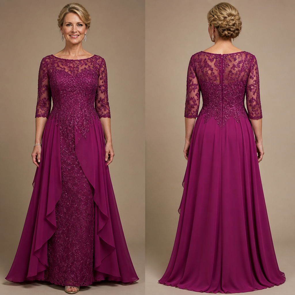 Create a beautiful vibrant party dress stoned lace fabric mixed with chiffon fabric for a 50 year old
photorealistic fashion design, Create a beautiful vibrant party dress stoned lace fabric mixed with chiffon fabric for a 50 year old , classic style, just the design no text, show front and back