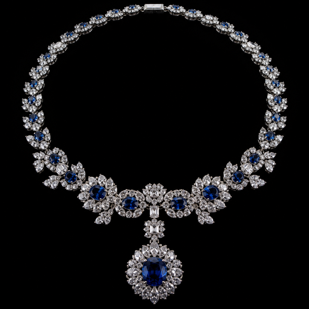 Sapphire & Diamond Necklace, Black Background, Product Photo
photorealistic fashion design, Sapphire & Diamond Necklace, Black Background, Product Photo, vintage style, just the design no text