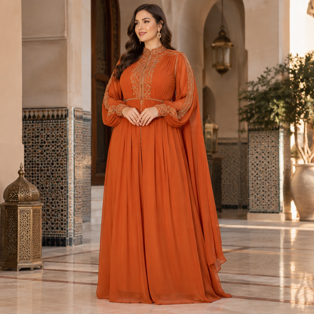 A Female Dress design, made of Chiffon, with a soft, cosy hand, with a Relaxed silhouette, with modest, full coverage: longer hemlines, higher necklines and covered shoulders, in a Bold & Bright color palette, for Wedding, suitable for Fall, shown on a model with fair skin and a curvy figure. تريدها مرتبة. Morocco fashion aesthetics. Present it as professional fashion catalogue photography: the garment is the subject, shown full-length with editorial styling, neutral posing and tasteful, non-suggestive framing.
photorealistic fashion design, A Female Dress design, made of Chiffon, with a soft, cosy hand, with a Relaxed silhouette, with modest, full coverage: longer hemlines, higher necklines and covered shoulders, in a Bold & Bright color palette, for Wedding, suitable for Fall, shown on a model with fair skin and a curvy figure. تريدها مرتبة. Morocco fashion aesthetics. Present it as professional fashion catalogue photography: the garment is the subject, shown full-length with editorial styling, neutral posing and tasteful, non-suggestive framing., just the design no text