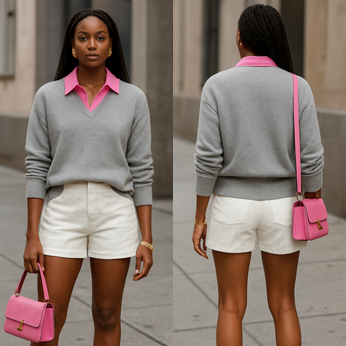Black woman 
Pink collared blouse 
White shorts 
Grey sweater on
Pink purse
White heels 
Gold jewelry 

