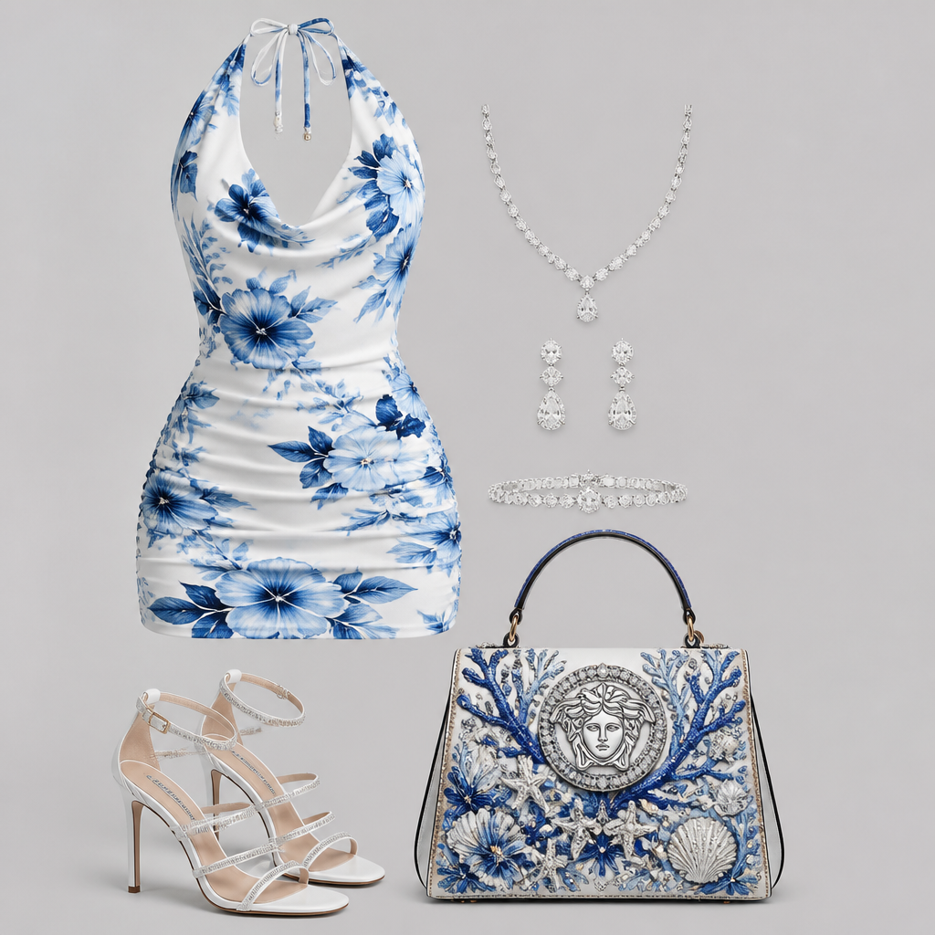 i'm wearing a cohesive and glamorous ensemble featuring a white halter neck mini dress with a draped cowl neckline and a ruched bodycon skirt, all adorned with a vibrant blue and white hibiscus floral print;
I've paired it with a detailed blue and white ocean-inspired top-handle handbag featuring coral, shells, and a large Medusa logo with crystal details, along with white multi-strap stiletto sandals and a matching set of delicate diamond necklace, drop earrings, and a bracelet.
photorealistic fashion design, i'm wearing a cohesive and glamorous ensemble featuring a white halter neck mini dress with a draped cowl neckline and a ruched bodycon skirt, all adorned with a vibrant blue and white hibiscus floral print;
I've paired it with a detailed blue and white ocean-inspired top-handle handbag featuring coral, shells, and a large Medusa logo with crystal details, along with white multi-strap stiletto sandals and a matching set of delicate diamond necklace, drop earrings, and a bracelet., just the design no text