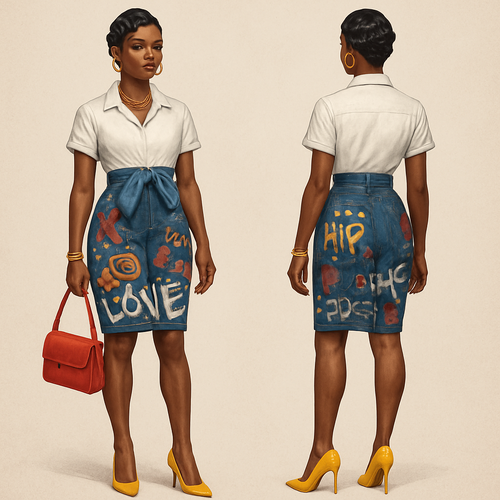 Black woman 
Finger waves 
White collared shirt short sleeves 
Blue Jean Jacket tied around with shirt at the chest into a bow 
Tight Jean skirt with graffiti 
Yellow heels 
Red purse 
Gold jewelry 
