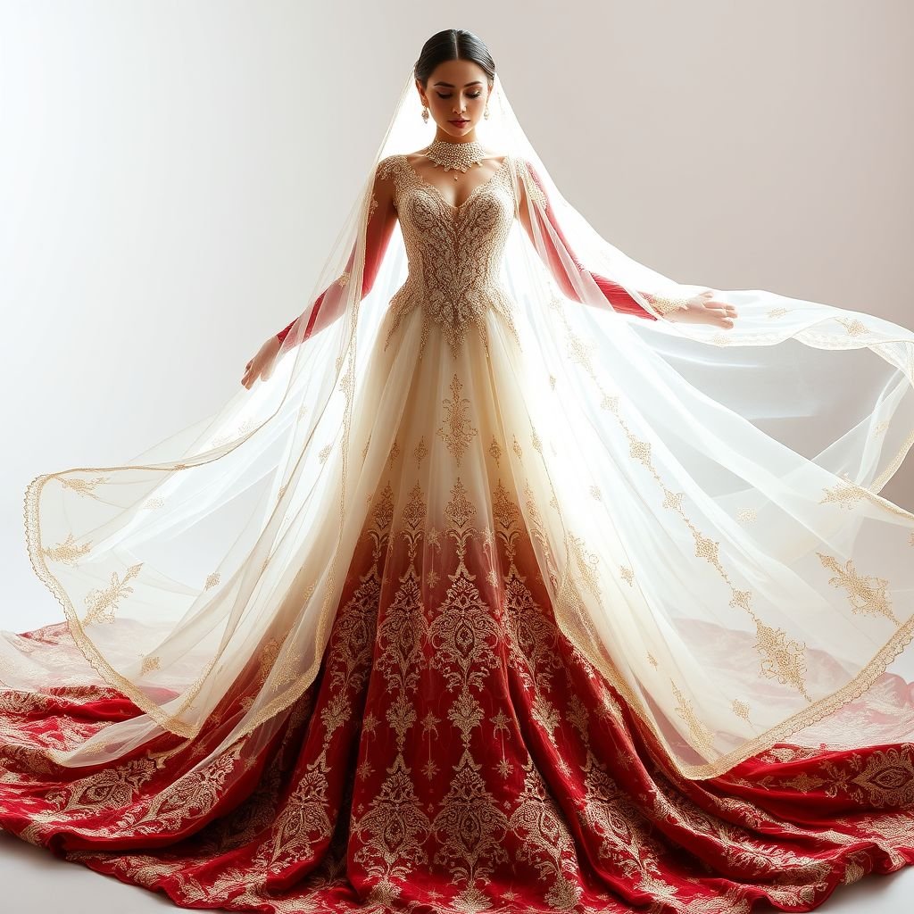 Ethereal wedding gown blended with morrocan and Indian style together with Somali shash red velvet
Design an ethereal wedding gown featuring flowing layers of sheer silk and intricate lace, adorned with Moroccan geometric embroidery and Indian mirror work. The bodice is elegantly fitted with Somali shash-inspired rich red velvet sleeves, cascading down into a dramatic train. Include delicate gold accents, merging cultures into a regal bridal masterpiece.