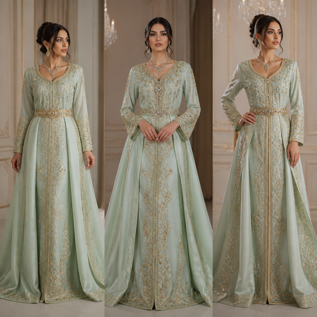 A Female Dress design, suitable for Summer. Transform the outfit in the reference image into an elegant and luxurious Algerian wedding gandoura (traditional Algerian couture dress), while keeping the same fabric and its exact color, texture, pattern, and overall visual identity.
Create a sophisticated high-end Algerian bridal/wedding design with a long flowing silhouette, elegant fitted upper body, refined traditional Algerian details, luxurious embroidery, delicate handwork, intricate gold and silver threadwork, subtle sparkling embellishments, fine beadwork, elegant crystals and sequins, and beautifully detailed embroidery around the neckline, chest, sleeves, waist and lower part of the dress.
Make the design look authentically Algerian, inspired by elegant modern Algerian wedding gandouras and traditional Maghrebi couture, but with a modern luxurious fashion-house finish.
The embroidery should be rich and highly detailed without looking excessive or messy. Create a balanced combination of traditional Algerian craftsmanship and modern haute couture. Make the sleeves elegant and sophisticated, with detailed cuffs. Add a beautifully designed neckline and a refined waist treatment that enhances the silhouette.
The final garment must look realistic, luxurious, expensive, elegant and suitable for a formal Algerian wedding ceremony. Preserve the original fabric as realistically as possible and make the embroidery and decorations look physically sewn onto the fabric, not digitally painted.
Show the complete gandoura from head-to-toe on a professional fashion model, in a high-end couture studio, with realistic fabric folds, accurate garment construction, professional fashion photography, realistic lighting and extremely detailed textile craftsmanship.
Generate several different design variations while keeping the same fabric, so I can choose the most beautiful model.. Algeria fashion aesthetics.
photorealistic fashion design, A Female Dress design, suitable for Summer. Transform the outfit in the reference image into an elegant and luxurious Algerian wedding gandoura (traditional Algerian couture dress), while keeping the same fabric and its exact color, texture, pattern, and overall visual identity.
Create a sophisticated high-end Algerian bridal/wedding design with a long flowing silhouette, elegant fitted upper body, refined traditional Algerian details, luxurious embroidery, delicate handwork, intricate gold and silver threadwork, subtle sparkling embellishments, fine beadwork, elegant crystals and sequins, and beautifully detailed embroidery around the neckline, chest, sleeves, waist and lower part of the dress.
Make the design look authentically Algerian, inspired by elegant modern Algerian wedding gandouras and traditional Maghrebi couture, but with a modern luxurious fashion-house finish.
The embroidery should be rich and highly detailed without looking excessive or messy. Create a balanced combination of traditional Algerian craftsmanship and modern haute couture. Make the sleeves elegant and sophisticated, with detailed cuffs. Add a beautifully designed neckline and a refined waist treatment that enhances the silhouette.
The final garment must look realistic, luxurious, expensive, elegant and suitable for a formal Algerian wedding ceremony. Preserve the original fabric as realistically as possible and make the embroidery and decorations look physically sewn onto the fabric, not digitally painted.
Show the complete gandoura from head-to-toe on a professional fashion model, in a high-end couture studio, with realistic fabric folds, accurate garment construction, professional fashion photography, realistic lighting and extremely detailed textile craftsmanship.
Generate several different design variations while keeping the same fabric, so I can choose the most beautiful model.. Algeria fashion aesthetics., just the design no text