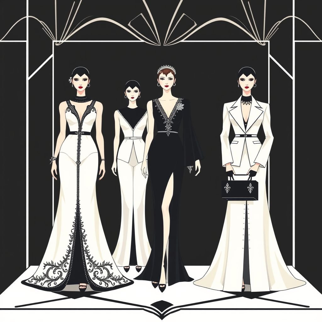 Collection colour black and white
Design a stunning Art Deco-inspired fashion collection, featuring sleek black and white silhouettes. Incorporate geometric patterns and luxurious fabrics like satin and silk. Visualize elegant gowns adorned with symmetrical beadwork, tailored suits with sharp lapels, and striking accessories that echo the opulence of the era, creating a timeless, sophisticated allure.