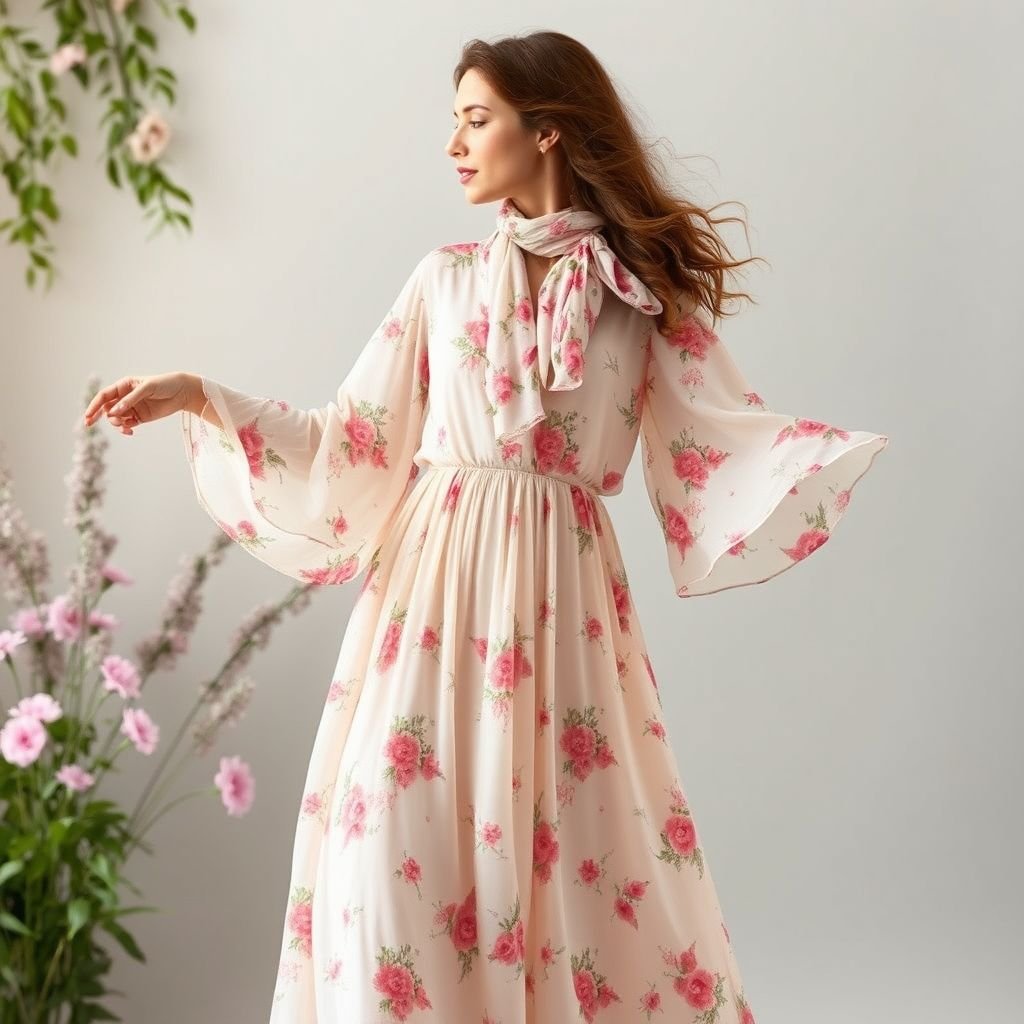 Creative Chiffon maxi dress with neck scarf unique and elegant
Design an exquisite vintage-inspired chiffon maxi dress featuring a flowing silhouette and delicate floral prints reminiscent of the 1970s. Accentuate the neckline with a chic, coordinating neck scarf, hinting at bohemian elegance. Soft pastel colors and billowing sleeves evoke nostalgia, making this piece perfect for a whimsical garden party or elegant soirée.