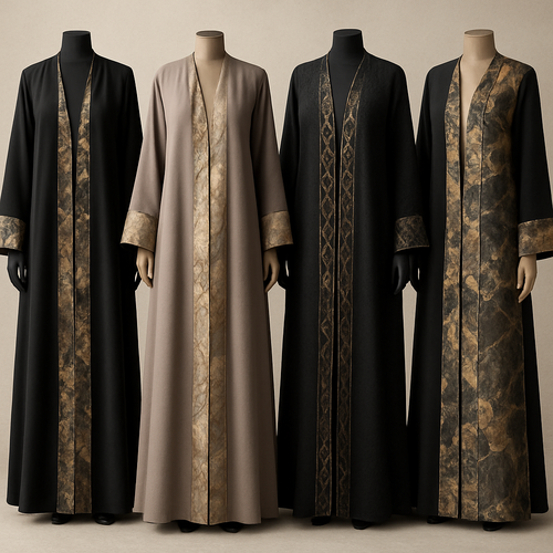Create a modest abaya, first of its kind, featuring a unique stone design that exudes a classy and sophisticated vibe. I'd like four designs, each showcasing different styles and fabrics. Incorporate high-end, unique chic stone designs to make them truly special. Add little sophisticated stone designs. Make it irresistible for customers 