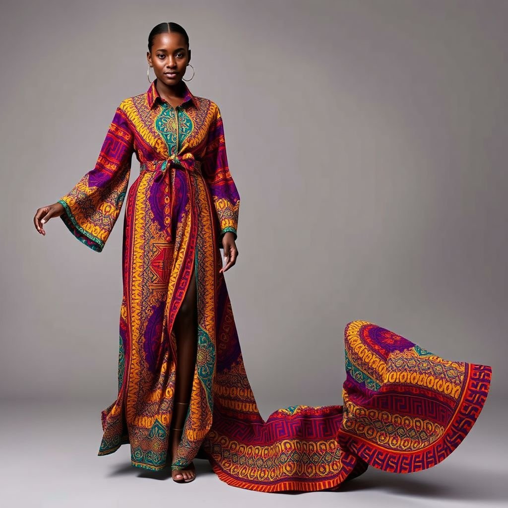A stunning ankle-length flared gown made with African print fabric, rich in color and pattern. It has long, wide flared sleeves that flow freely to the wrists—no gathering, no cuffs. The neckline features a neat shirt-style collar, giving it a bold yet classy edge. At the waist, the dress ties to both sides, and when tied, it creates soft, graceful folds around the waistline, adding structure and beauty. The overall look is flowy, elegant, culturally expressive, and perfect for both formal and spiritual moments.
Drape this captivating ankle-length flared gown in vibrant African print, showcasing intricate geometric patterns. The long, wide sleeves cascade elegantly, promoting movement and grace. A structured shirt-style collar juxtaposes the soft silhouette, while ties at the waist cinch the fabric, revealing artful folds. This gown embodies elegance, culture, and effortless sophistication. Perfect for both ceremonial occasions and upscale events.