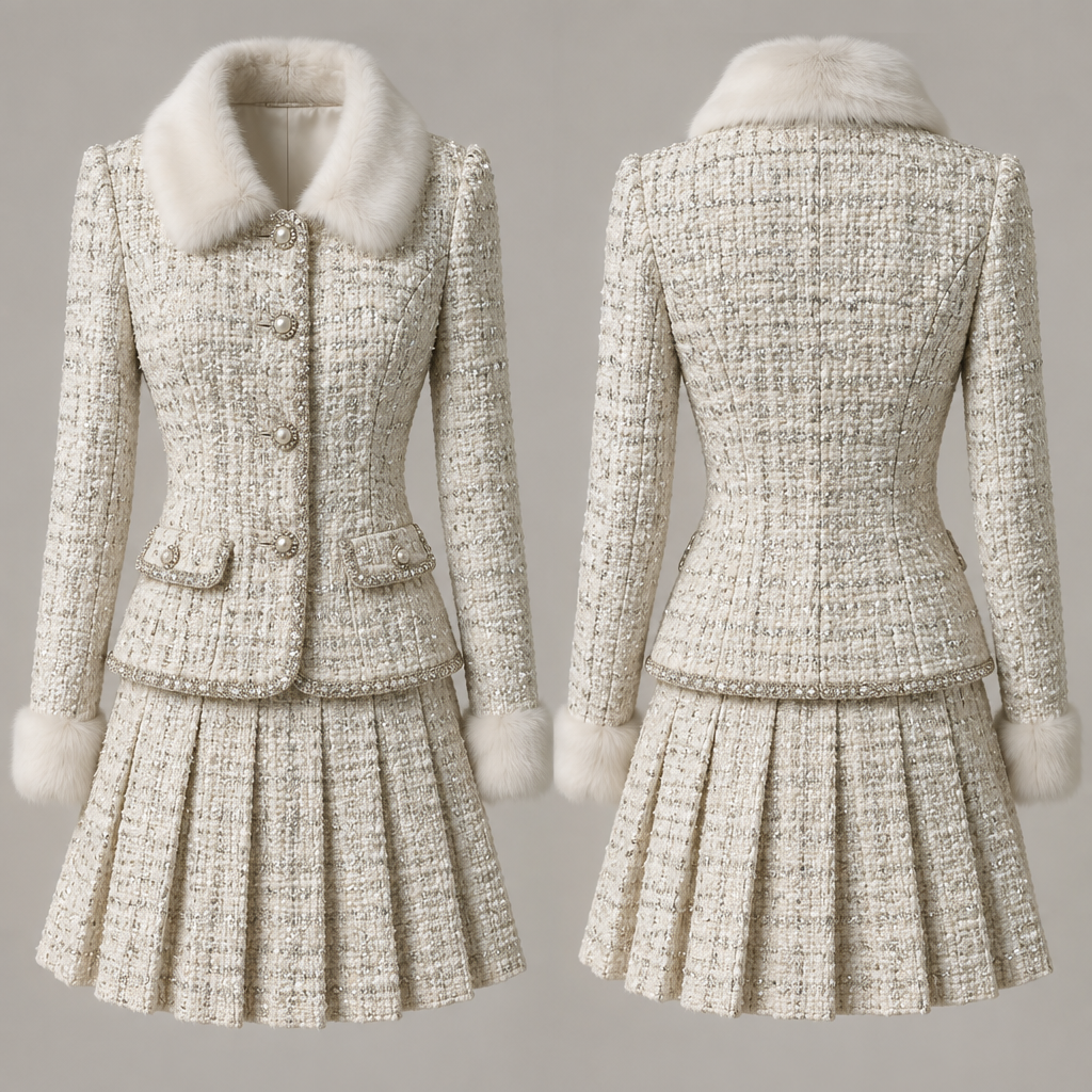 Sparkly preppy winter classy set
photorealistic fashion design, Sparkly preppy winter classy set, tweed style, just the design no text, show front and back