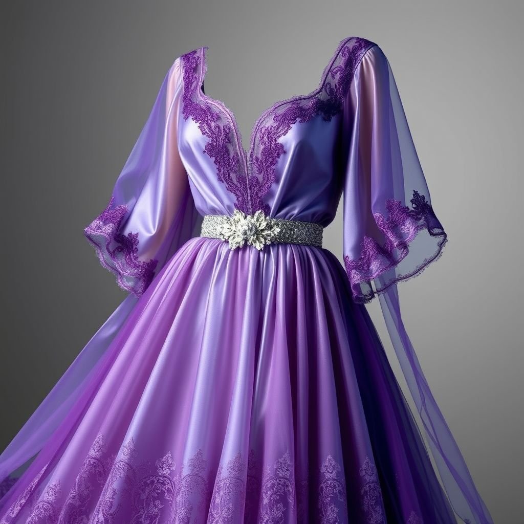 Blue and purple dress
A flowing A-line silhouette with a delicate, heart-shaped neckline. Soft, iridescent blue silk blended with deep purple chiffon creates a mesmerizing gradient. Intricate lace detailing along the hem and sleeves adds elegance. A cinched waist adorned with a shimmering silver belt enhances curves. Cascading, ethereal layers evoke a dreamy, fairy-tale feel.