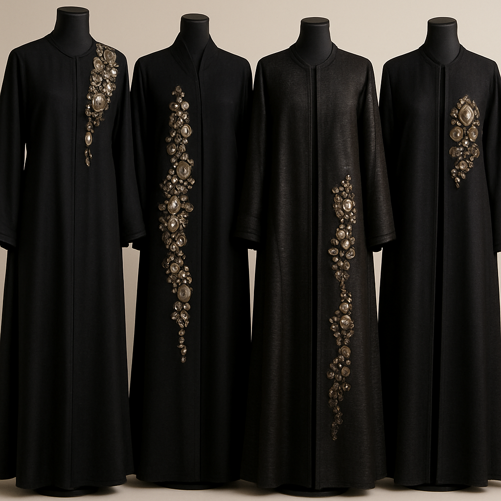 Create me modest abaya that's first in the world, using unique stone design, classy and sophisticated. Keep me 4 designs. Make them rich by adding unique chic stone high end designs and . Showcasing different styles and fabric.
Create me modest abaya that's first in the world, using unique stone design, classy and sophisticated. Keep me 4 designs. Make them rich by adding unique chic stone high end designs and . Showcasing different styles and fabric.