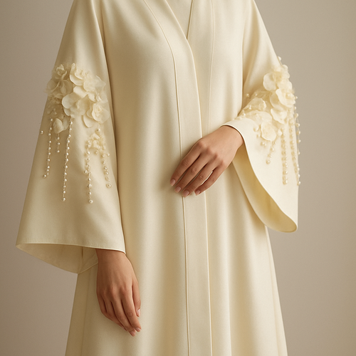 The Pearl Blossom Aura Abaya
Tone: Ivory or cream gold
Design:
Soft 3D blossoms around the sleeves, paired with delicate pearl strings hanging lightly.
Embellishment:
Creamy pearls + small champagne crystals.
Vibe: Bridal, gentle, luxurious purity.