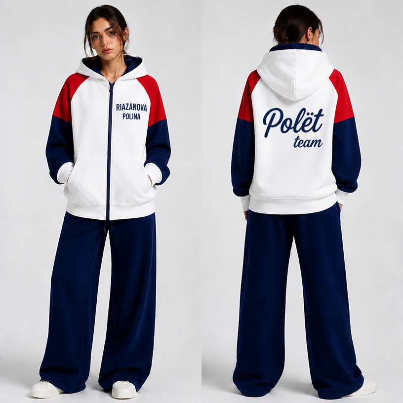 COMPLETE FIX — restore ALL details:
1. Sleeves (CRITICAL):
Both sleeves must be TWO-TONE horizontal split:
· Upper half (shoulder to elbow) = RED (#D52B1E)
· Lower half (elbow to cuff) = NAVY BLUE (#0033A0)
Same pattern on BOTH sleeves. Not all red, not all navy.
2. Front text (left chest):
Restore personal branding:
· Line 1: "RIAZANOVA" — large, bold, navy blue, straight horizontal
· Line 2: "POLINA" — smaller, directly below, navy blue, straight horizontal
NOT curved, NOT arched.
3. Back print:
Restore "Polët team":
· "Polët" — large, centered, navy blue, script font
· "team" — smaller, below and shifted right under the letter "l", navy blue
Layout:
```
Polët
team
```
4. Other details:
· Jacket body: white
· Zipper: navy blue
· Cuffs and hem: solid white (NO stripes)
· Hood: oversized with navy inner lining
· Kangaroo pocket: white
· Pants: navy, wide-leg, extended length
Apply ALL fixes at once.
edit the attached fashion design with these instructions: COMPLETE FIX — restore ALL details:
1. Sleeves (CRITICAL):
Both sleeves must be TWO-TONE horizontal split:
· Upper half (shoulder to elbow) = RED (#D52B1E)
· Lower half (elbow to cuff) = NAVY BLUE (#0033A0)
Same pattern on BOTH sleeves. Not all red, not all navy.
2. Front text (left chest):
Restore personal branding:
· Line 1: "RIAZANOVA" — large, bold, navy blue, straight horizontal
· Line 2: "POLINA" — smaller, directly below, navy blue, straight horizontal
NOT curved, NOT arched.
3. Back print:
Restore "Polët team":
· "Polët" — large, centered, navy blue, script font
· "team" — smaller, below and shifted right under the letter "l", navy blue
Layout:
```
Polët
team
```
4. Other details:
· Jacket body: white
· Zipper: navy blue
· Cuffs and hem: solid white (NO stripes)
· Hood: oversized with navy inner lining
· Kangaroo pocket: white
· Pants: navy, wide-leg, extended length
Apply ALL fixes at once.. keep it photorealistic, just the design no text
