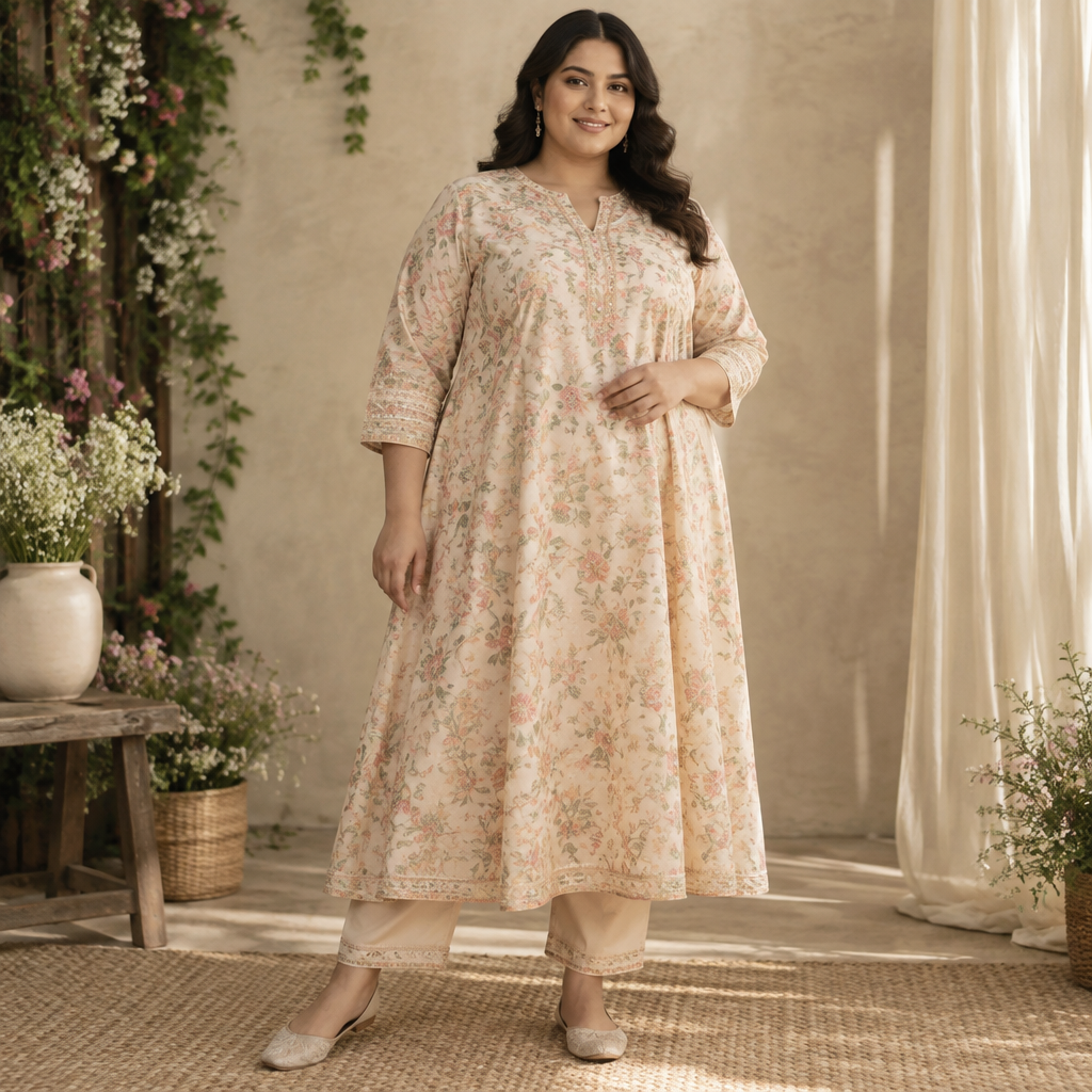 A Kurta design, with an A-Line silhouette, in a Pastels color palette, for Party, suitable for Summer, in Cottagecore style, shown on a model with brown skin and a plus-size figure Present it as professional fashion catalogue photography: the garment is the subject, shown full-length with editorial styling, neutral posing and tasteful, non-suggestive framing.
photorealistic fashion design, A Kurta design, with an A-Line silhouette, in a Pastels color palette, for Party, suitable for Summer, in Cottagecore style, shown on a model with brown skin and a plus-size figure Present it as professional fashion catalogue photography: the garment is the subject, shown full-length with editorial styling, neutral posing and tasteful, non-suggestive framing., cottagecore style, just the design no text