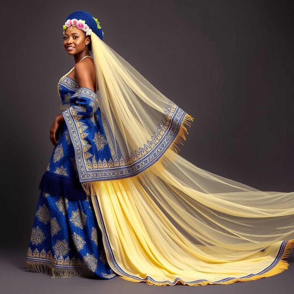 Aso oke for a Yoruba bride
Imagine a Yoruba bride adorned in a stunning Aso Oke ensemble, featuring intricate handwoven patterns in vibrant indigo and gold. The flowing gown elegantly trails behind her, accentuated with layered fringe details and delicate beadwork. A regal gele crown, adorned with fresh flowers, completes her ethereal look, embodying cultural elegance and modern sophistication.